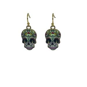 Sugar Skull Earrings Candle Eyes - Gold Plated Enamel - Hypoallergenic